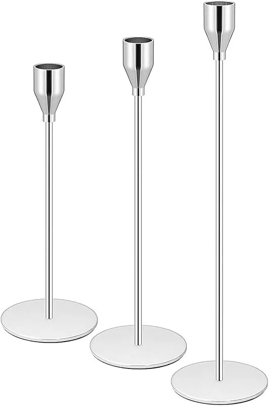 Jinavoty Portavelas de plata, negro para conos candelabros, portavelas cónicos decorativos para bodas, comidas, fiestas, aniversarios (plata, 3 unidades) — Cena a la luz de velas