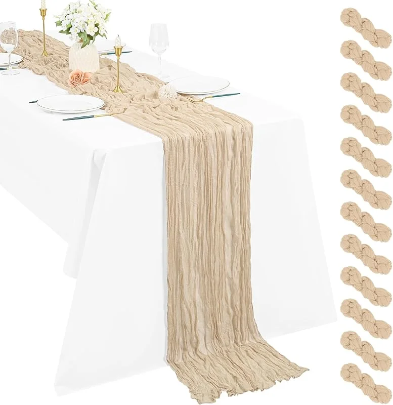 Visita la tienda de Pesonlook Pack de 12 caminos de mesa de gasa color beige, 10 pies, estilo bohemio, caminos de mesa rústicos y románticos de gasa de 21×120 pulgadas para decoración de boda, fiesta, despedida de soltera, Navidad — Hogar y cocina