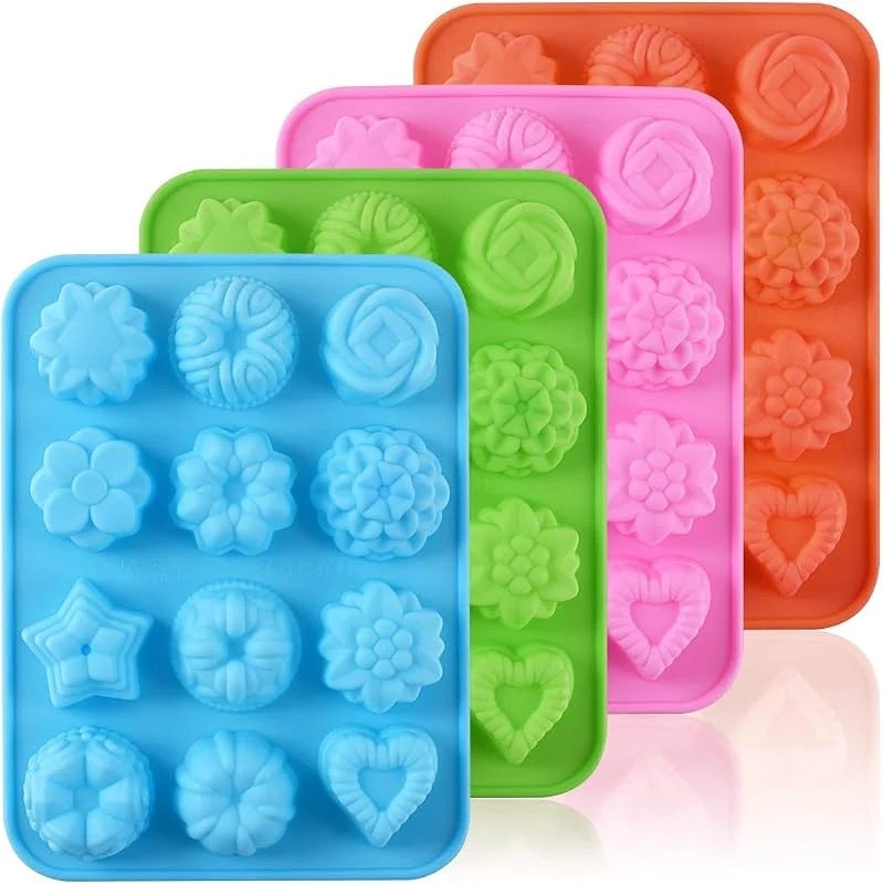 Newk Molde de silicona en forma de flor de Newk para chocolate, con 12 cavidades para dulces, molde para hornear para fiestas, festivales y manualidades DIY - Paquete de 4, verde+ azul+ rosa+ naranja — Hogar y cocina