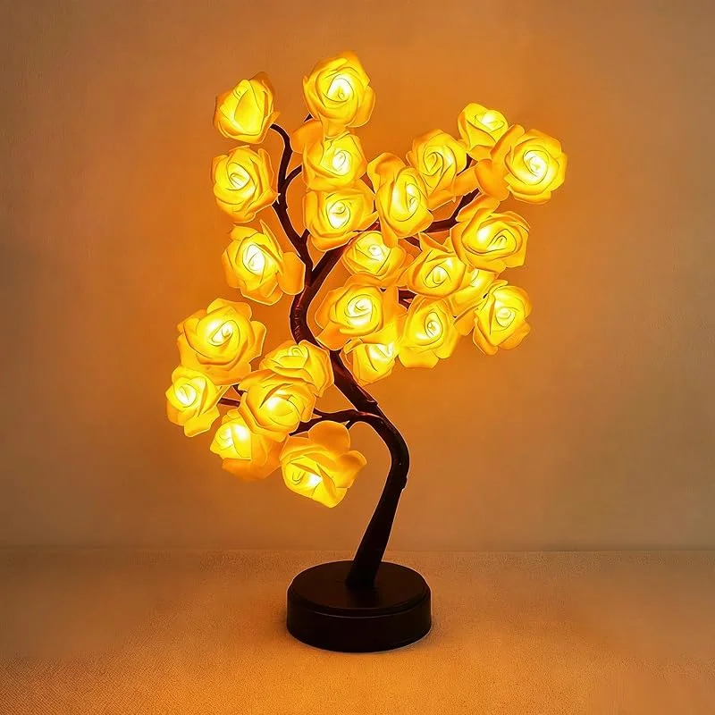 ANBET 24 LED Rose Flower Tree Lamp, lámpara de mesa LED de rosas, bonita flor iluminada para el día de la madre, hogar, dormitorio, San Valentín, Navidad, Pascua, boda, fiesta, decoración, color — Cena a la luz de velas