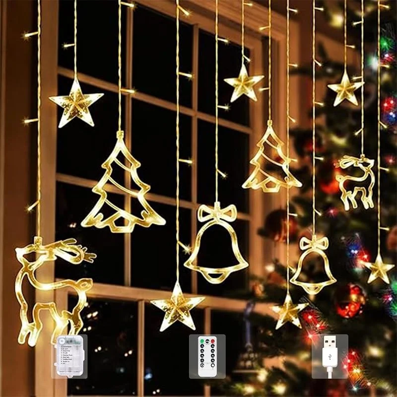 Visita la tienda de Arespark Arespark Luces de Navidad, 3.5m Luces de Cortina, 8 Modos Cadena de Luz de Ventana de Campana Alce, Guirnaldas Luces Interior Exterior con Control Remoto IP44 para Balcón, Ventana, Fiesta, Navidad — Decoracion Navidad