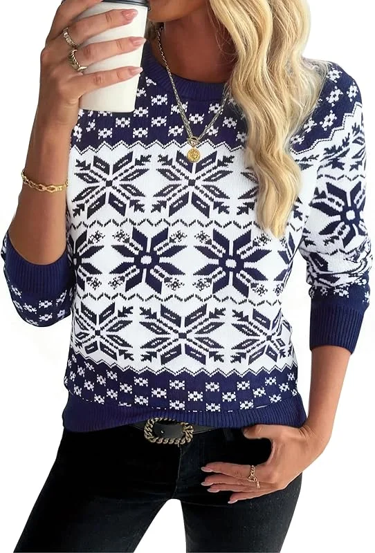 Visita la tienda de Demegimi Demegimi Jersey Suéter de Navidad Suéter Divertido Navidad Copo Invierno Ropa de Punto de Reno Manga Larga Suéteres Invierno de Cuello Redondo — Ropa Navidad