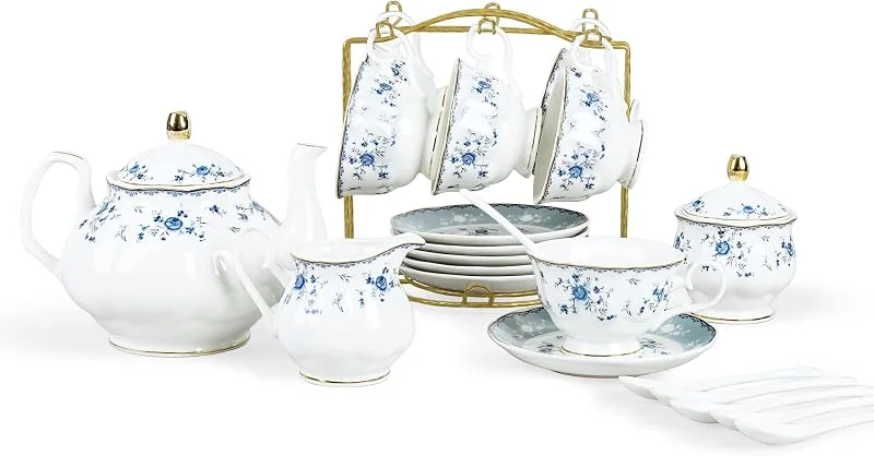 Visita la tienda de fanquare fanquare Juego de Té de Porcelana de 21 Piezas para Mujer, Servicio de Café con Patrón de Flores Azules, Juegos de Té Vintage con Tazas de Café y Plato para 6 Personas — Adviento y mesa