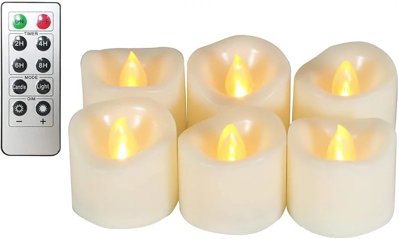 Erosway Velas LED, velas eléctricas realistas parpadeantes con pilas, 300 horas de funcionamiento sin interrupción con temporizador de 2, 4, 6, 8 horas y control remoto, 6 velas — Luces Navidad