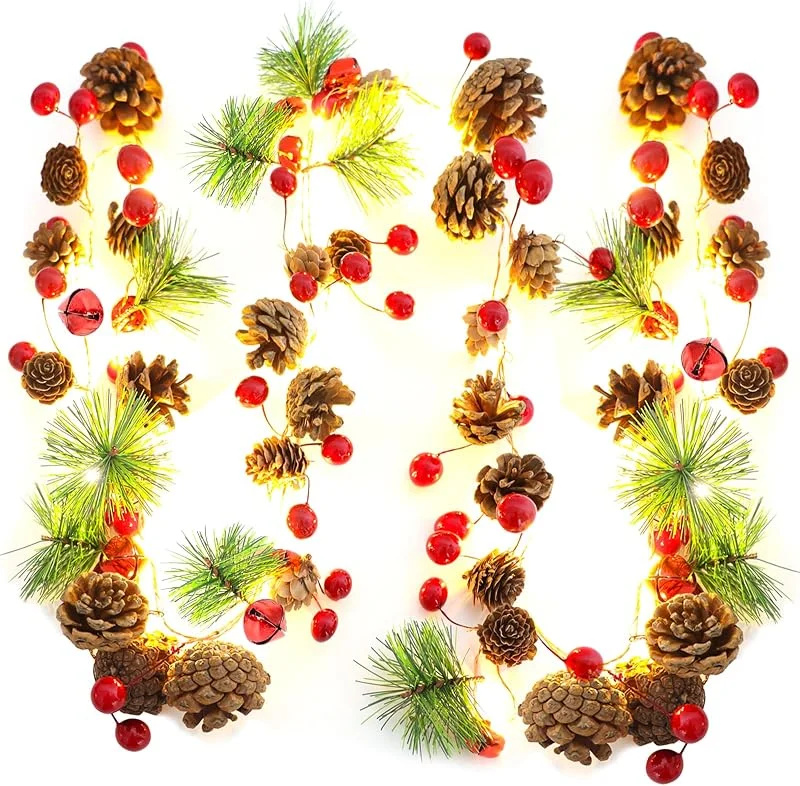 JOFONY Guirnalda de Navidad con iluminación decorativa, 2 m, 20 ledes, guirnalda de abeto, batería, blanco cálido, cadena de luces con piñas, bayas, campanas, decoración navideña para interior y — Decoracion Navidad