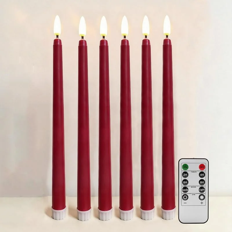 Ni-JASW Juego de 6 velas cónicas sin llama de color burdeos con control remoto — Cena a la luz de velas