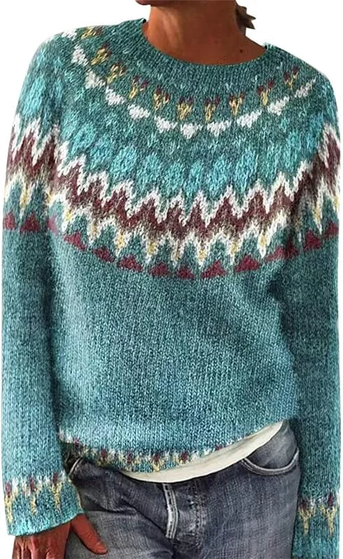 Generic HUIFUAO - Jersey Fairisle para mujer, talla grande, suéter noruego, nórdico, islandés, invierno, cálido, grueso, de Navidad, ropa de punto vintage, suave, suéter de manga larga — Ropa Navidad