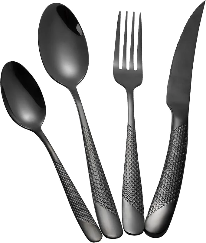 LBCIUCWS Juego de cubiertos martillados Negros 24 piezas, set de cubiertos acero inoxidable 18, 10, cuberterias completas 6 personas — Adviento y mesa