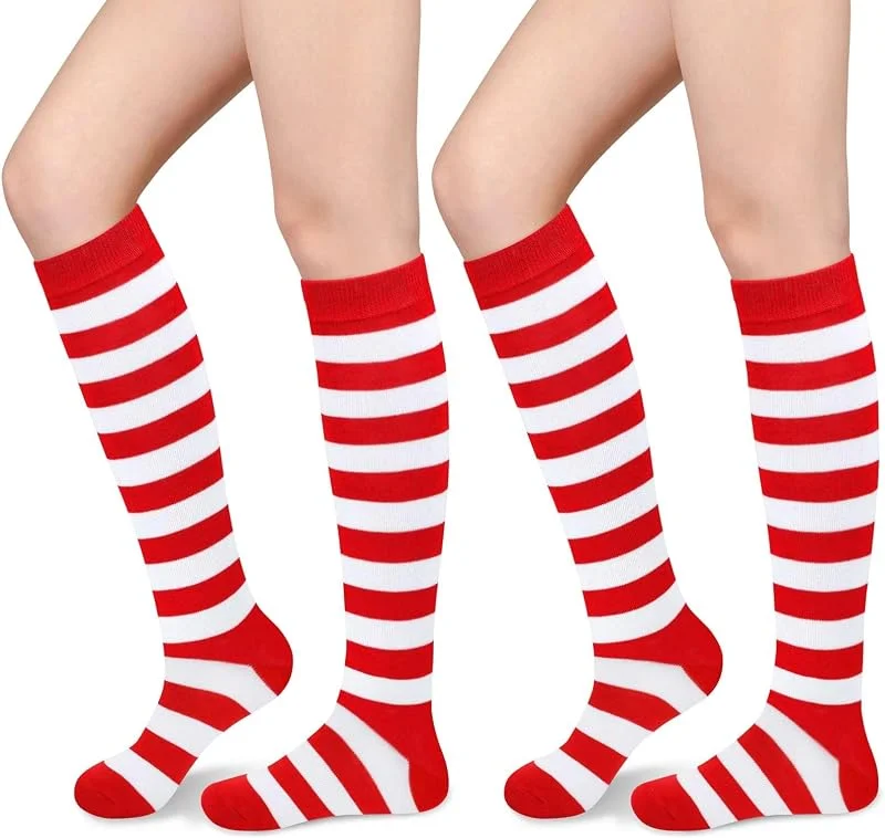 LQTSLFM Calcetines Altos Mujer, Medias Rayas Rojas y Blancas, Calcetines Largos Rayas, Calcetines Hasta la Rodilla para Mujer para Fiestas de Carnaval, Navidad, Nochevieja — Ropa Navidad