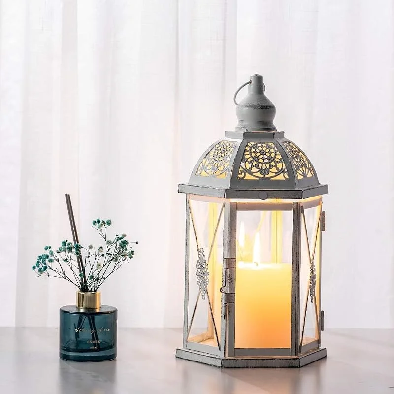 DECORKEY Farol portavelas decorativo, interior y exterior, 36, 8 cm, hexagonal, vintage, estilo rústico, de metal, colgante, para porche, estantería, patio, bodas y Navidad. — Adviento y mesa