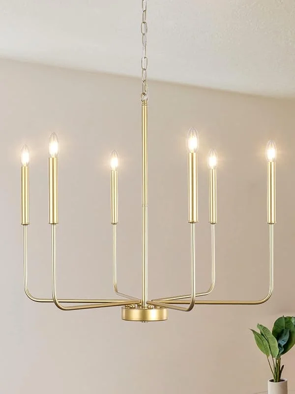 WayLuoung Candelabro De Oro Para Lámparas De Techo, 6 Luces Colgantes, Moderno Candelabro De Casa De Campo Para Comedor, Vela, Luz Colgante De Oro Para Cocina, Isla, Sala De Estar, Vestíbulo, Dormitorio — Cena a la luz de velas