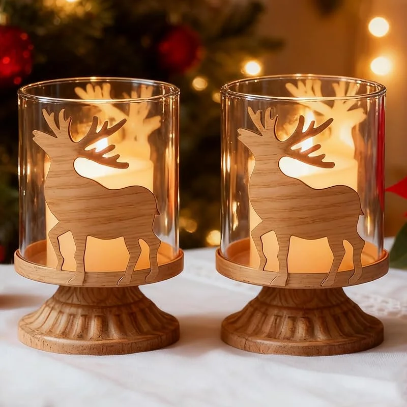HOSPAOP Juego de 2 portavelas de Navidad con diseño de ciervo, estilo vintage, con portavelas de cristal, para decoración de Navidad, decoración de invierno y decoración de mesa, salón, reno — Adviento y mesa