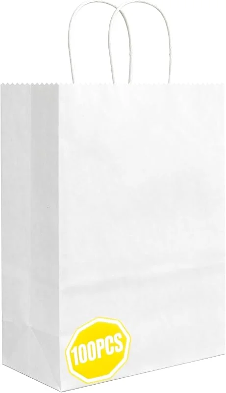 Crisgus 100 Pequeñas Bolsas de Regalo Kraft Blancas con Asas 15x8x21cm DIY — Envoltorio regalo