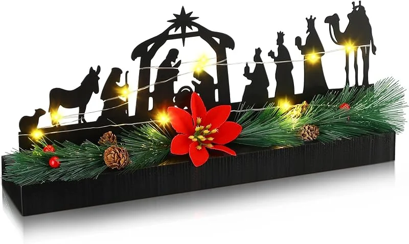 Cinnvoice Centro de mesa de belén de Navidad para mesas con base de madera, decoración rústica de Navidad para interiores, rama de pino, decoración de mesa de Navidad con 20 luces LED para decoración de fiesta — Decoracion Navidad