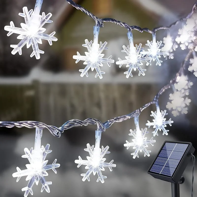 Fohil Guirnalda Luces Exterior Solar, 12M 100 LED Copo de Nieve Cadena de Luces Impermeable 8 Modos, Decoración para Navidad, Fiestas, Bodas, Patio, Jardín, Fiestas — Luces Navidad