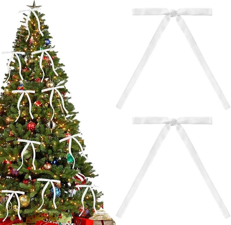 UTXN 12 Lazos de Terciopelo Blanco Puro, Adornos Vintage para árbol de Navidad y decoración Festiva (Blanco Puro) — Envoltorio regalo