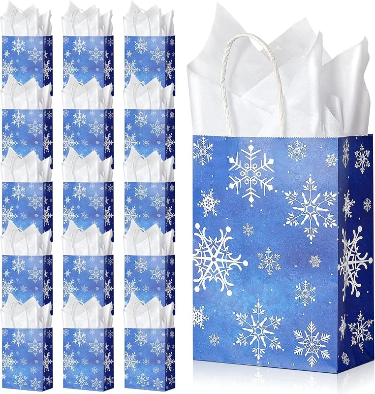 JOYELL 16 bolsas de regalo de Navidad con diseño de copo de nieve, bolsas de regalo azules de Onederland con 16 unidades de papel de seda blanco, grandes bolsas de regalo de Navidad hechas de papel kraft — Envoltorio regalo