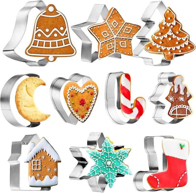 Abeillo Juego de 10 Molde Galletas Navideños, Mini Cortadores de Galletas de Navidad, Acero Inoxidable, Árbol de Navidad, Hombre de Jengibre, Copo de Nieve, Bastón de Azúcar, Cortador de Galletas para — Hogar y cocina