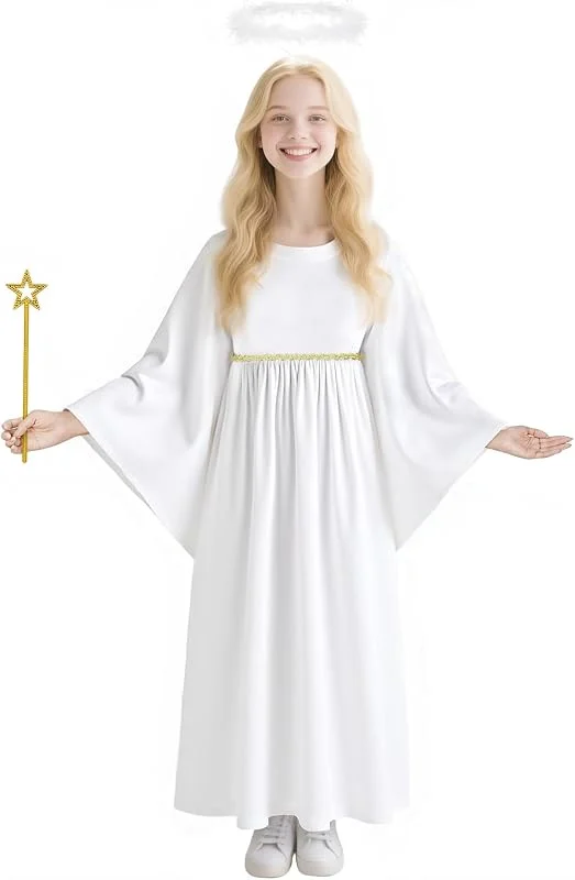 AYBUY Disfraces de ángel, 3pcs Disfraz de Ángel Blanco para Niña, Halo, Varita de Princesa, Divertidos Accesorios para niños Navidad Halloween Fiestas de Disfraces — Ropa Navidad