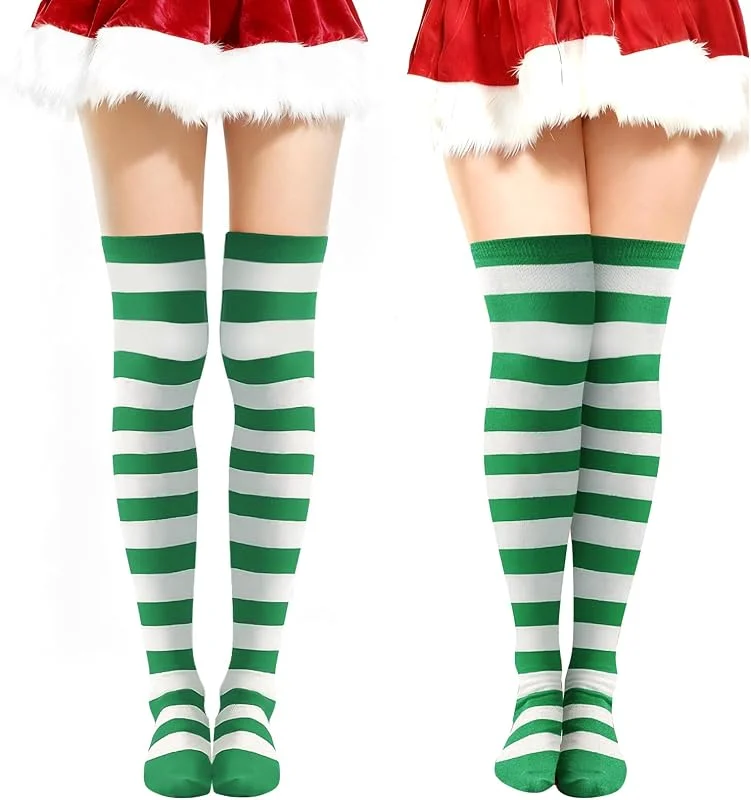 QIZHIQIAMY 2 Pares Medias Rayas Elfo Mujer Calcetines Navideñas Hasta La Rodilla Medias de Duende para Mujeres, Adolescentes, Fiestas y Uso Diario — Ropa Navidad