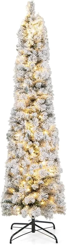 Visita la tienda de COSTWAY COSTWAY 180cm Árbol de Navidad Artificial, 150 Luces LED Blancas Cálidas, Árbol de Navidad en Forma de Lápiz Nevado, 373 Puntas de Rama de PE y PVC, Agujas de Pino, Navidad Decoración — Decoracion Navidad