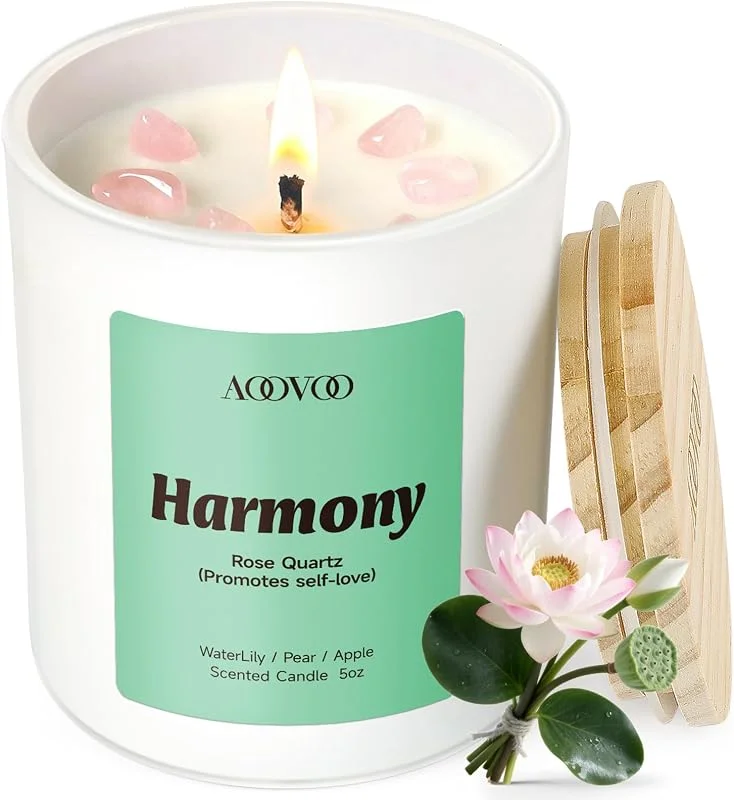 AOOVOO Lotus - Vela perfumada en tarro de cristal con cuarzo rosa, sin humo — Cena a la luz de velas