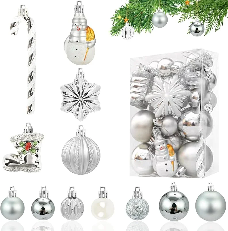 Winwild Set de Adornos navideños 34 Piezas Adornos de plástico para el árbol de Navidad Blanco Plateado Adornos navideños 13, 8, 6, 3cm Adornos para el árbol de Navidad Adornos de plástico decoración navideña — Decoracion Navidad