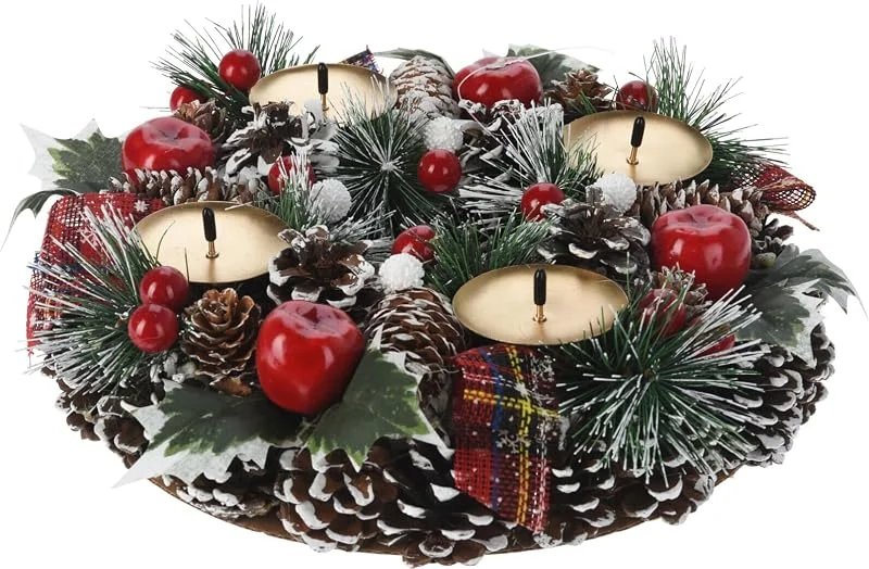 Bambelaa! Corona de Adviento artificial con 4 candeleros en oro. Decorada con piñas y bayas rojas. 27 cm - 40 cm (Marrón, 27 cm) — Adviento y mesa
