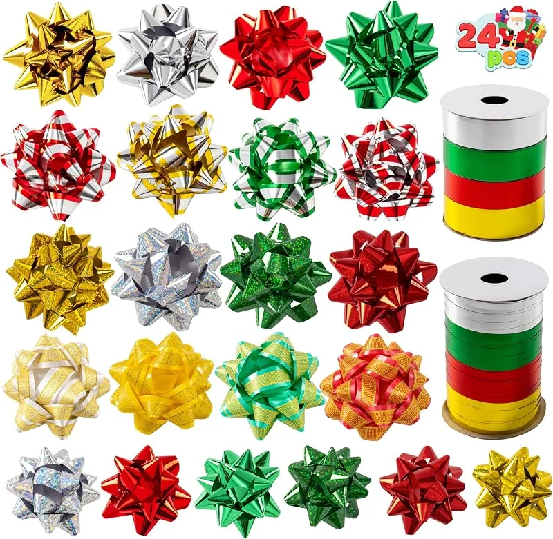 Visita la tienda de JOYIN JOYIN 24 piezas de lazos de Navidad y cintas para regalos, 48 lazos autoadhesivos multicolores de varios tamaños y 8 rollos de cintas rizadas — Envoltorio regalo