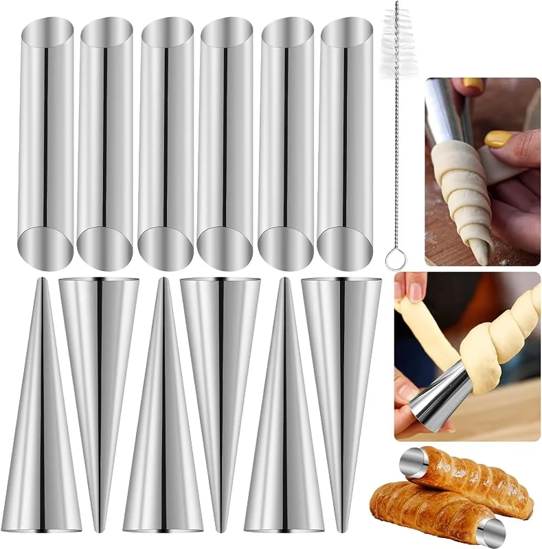 HENGBIRD Moldes para Cannoli de Acero Inoxidable – Set de 25 piezas antiadherente con 12 conos y 12 tubos + cepillo de limpieza – Utensilios de repostería para croissants, rollos de espuma y masa de hojaldre — Hogar y cocina