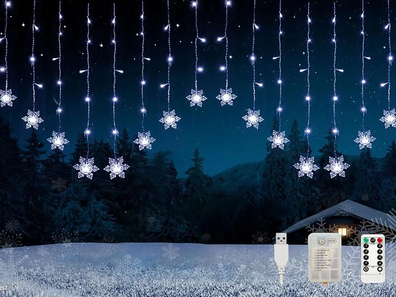 Kuataty Cortina de luces con forma de copos de nieve, 2 x 1 m, con temporizador, para interior con batería, USB, iluminación navideña para ventanas, guirnalda de luces (blanco frío) — Luces Navidad