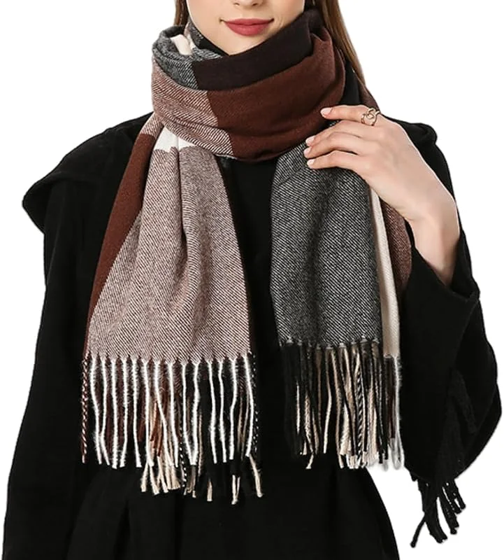 DURINM Bufandas Mujer Invierno Grande a Cuadros de invierno con tacto de cachemira para mujer Cachemira sintética Chal Cálido Moda Largas Bufandas Mujer Invierno de Punto con Flecos para Mujeres Hombres — Ropa Navidad