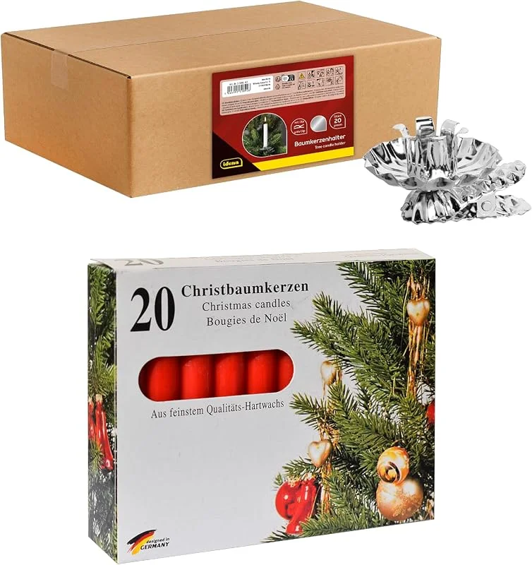 Visita la tienda de Idena Idena 90485 - Portavelas para el árbol de Navidad, 20 Unidades en Color Plata, Incl. 20 Velas Rojas para el árbol, portavelas Vintage de Metal, con Clip para Ramas de hasta 1, 5 cm de Grosor — Adviento y mesa
