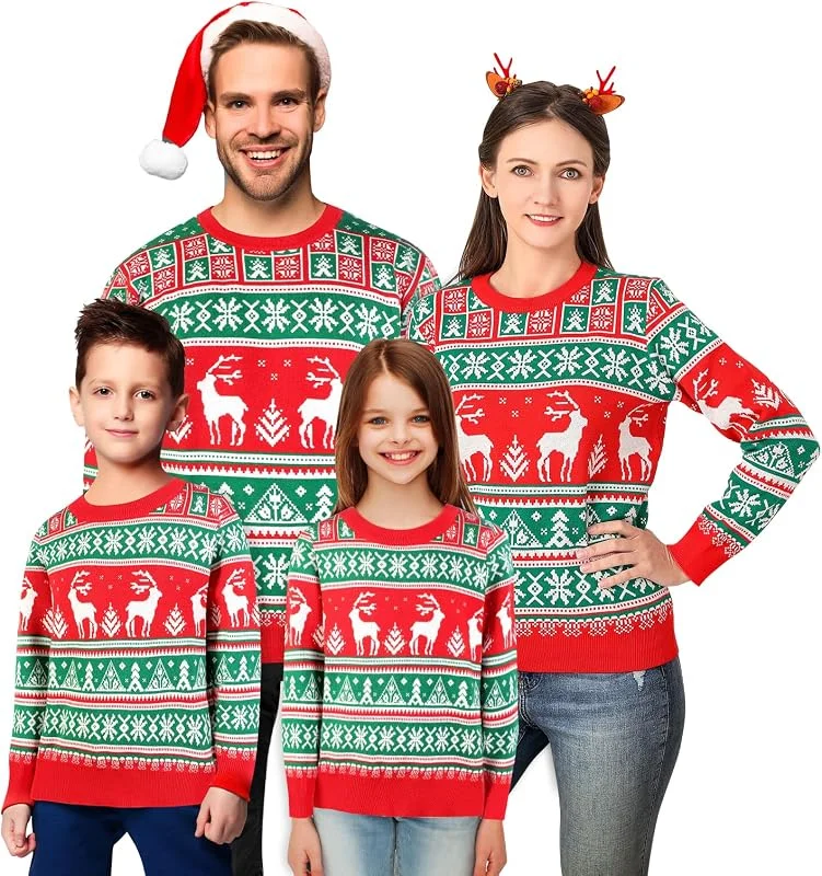XiaoMoSha Suéter feo unisex de Navidad para mujeres y hombres, suéter de punto feo a juego para hombres, mujeres y niños — Ropa Navidad