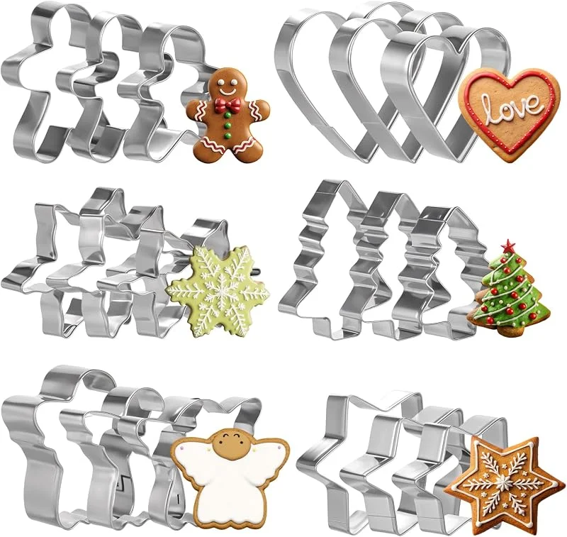 Abeillo Juego de cortadores de galletas de Navidad, 18 piezas de varios tamaños, de acero inoxidable, moldes de galletas de Navidad, cortadores de galletas de Navidad, hombre de jengibre, copo de nieve, árbol — Hogar y cocina