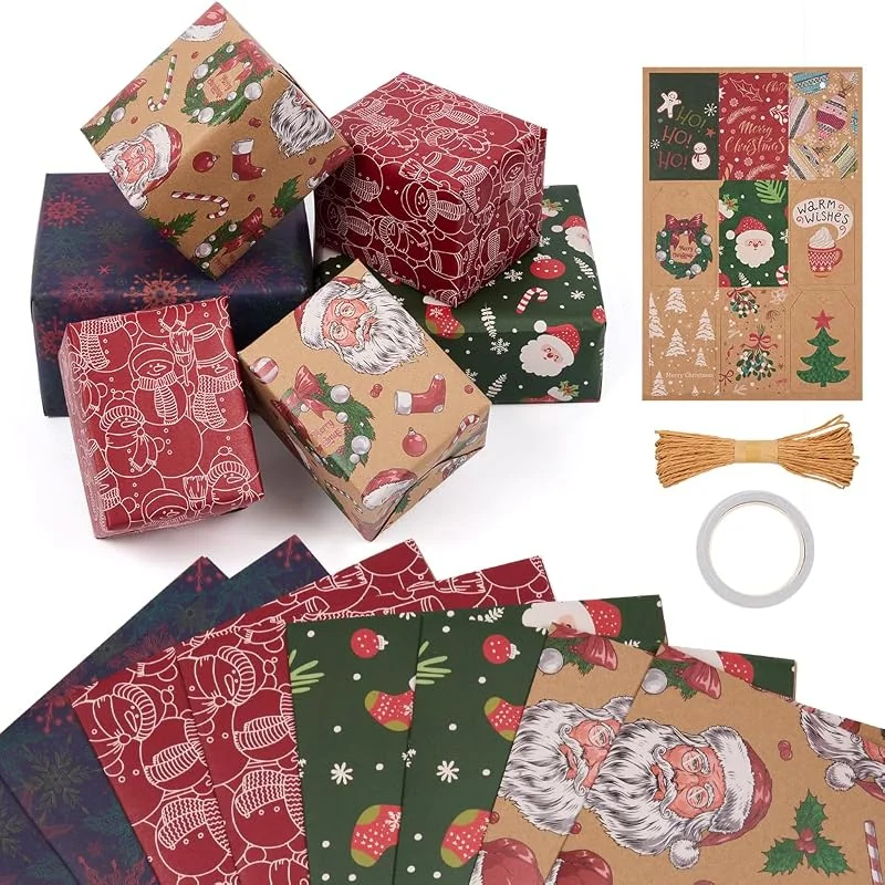 BIULDPY 8 hojas de papel de regalo navideño, 70 x 50 cm, papel kraft reciclable con 9 etiquetas y cordel para envolver regalos en cajas de Navidad — Envoltorio regalo
