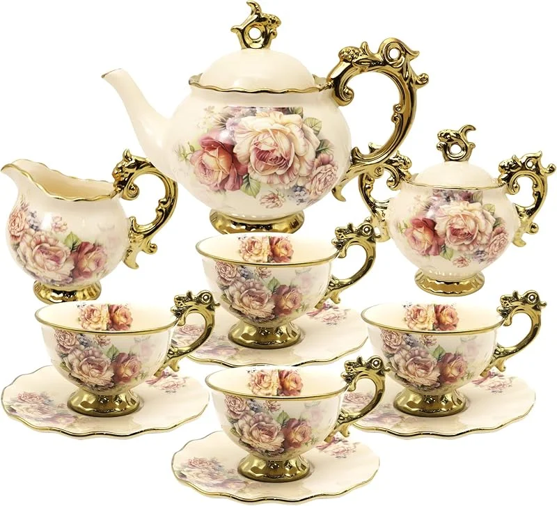 Visita la tienda de fanquare fanquare 15 Piezas Juegos de Té de Porcelana Inglesa, Vintage Juego de Café de Flores Rosas, Servicio de Té de Boda — Adviento y mesa