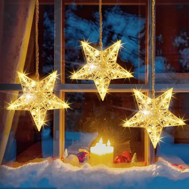 Visita la tienda de Quntis Quntis Cortina de Luces Estrella con Pilas, Guirnaldas Luminosas Estrellas Cortina Luces con 30 LED, 8 Modos, Temporizador, Luces Cadena Estrellas para Exterior Interior Ventana Fiesta Decoración — Luces Navidad