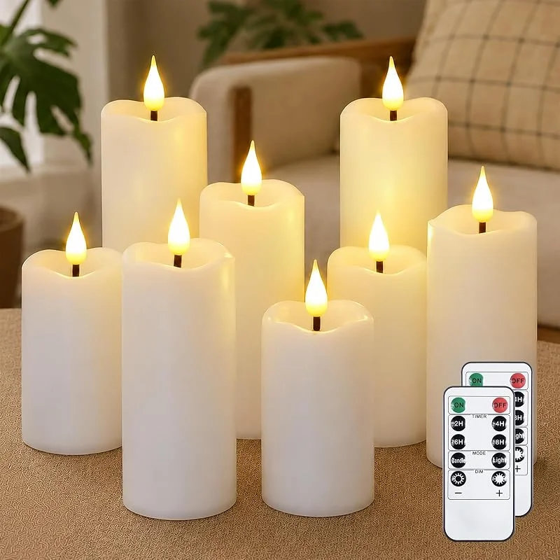 Yeelida Velas LED blancas parpadeantes a pilas con mecha en forma de lágrima, Paquete de 8 velas de plástico sin llama con 2 mandos a distancia y temporizador (5.3cm x 11, 14, 17cm) — Cena a la luz de velas