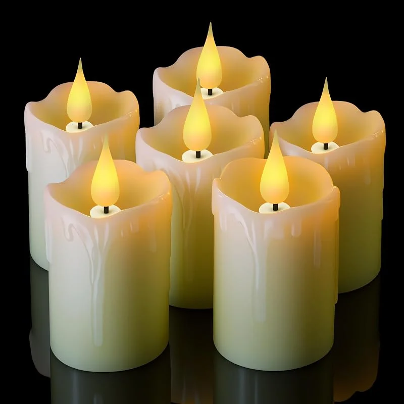 KIYTARBOO Velas LED sin llama de cera real, color blanco, 400 horas+ velas de té con temporizador, llama parpadeante, 6 unidades, pilar de marfil, temporizador con pilas, velas eléctricas de cera real — Luces Navidad