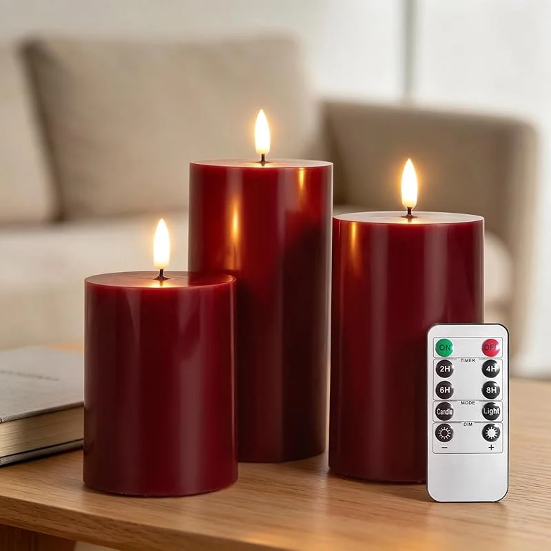 RosMank Juego de 3 Velas LED con Mando a Distancia de 10 Botones, sin Llama, con Llama Parpadeante, Cera Real Suave, Decoración para Navidad, Cumpleaños, Boda y Fiesta, Rojo — Cena a la luz de velas