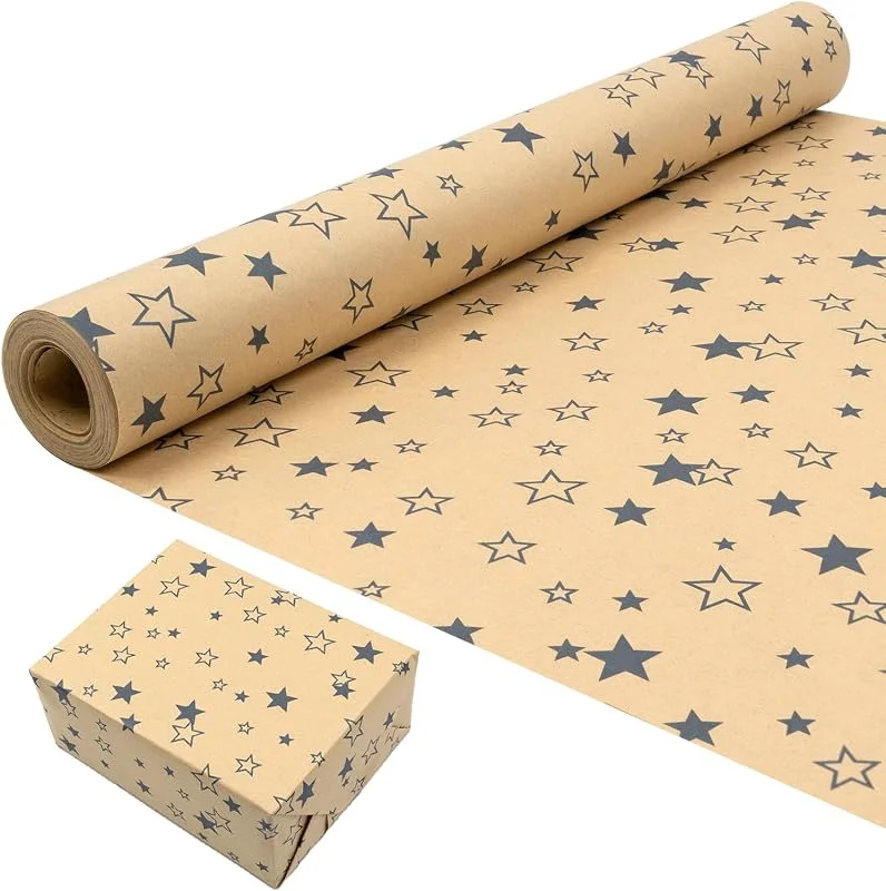 ZHNERY Rollo de papel para envolver regalos de cumpleaños: papel Kraft con estampado festivo de estrellas azules, papel de regalo reciclable de 43 cm x 15 m — Envoltorio regalo