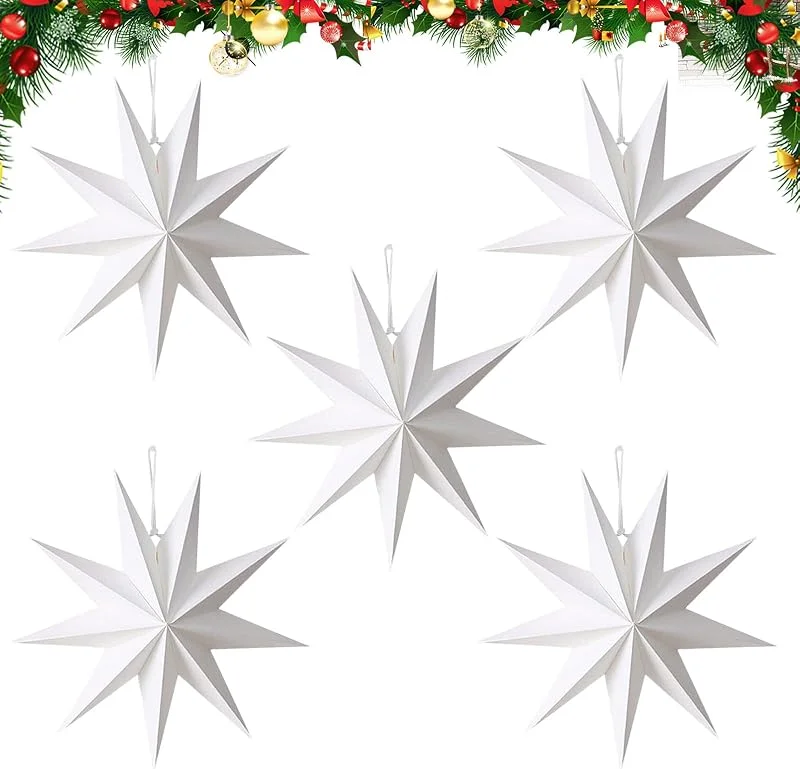 TENGWA 5 Piezas Estrella de Papel Colgable Blanco 30 cm Estrellas Papel Navidad Plegable Decoraciones Ideal para Mesas de Comedor Ventanas Habitaciones Bodas Fiestas de Cumpleaños San Valentín — Decoracion Navidad