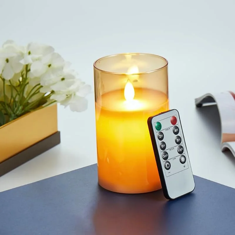 Lonkenn Velas LED, Velas Parpadeante Sin Llama, Funciona con pilas Velas con Vidrio, Vela LED Temporizador con Mando a Distancia, Real Cera, Velas Con y Regulable, Para Dormitorio Comedor Fiesta-12.5cm Marrón — Luces Navidad