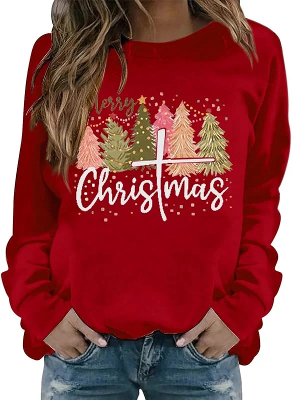 Generic HUIFUAO Sudaderas de Feliz Navidad para mujer, suéter feo de Navidad, árbol de Navidad, manga larga, estampado, traje de Navidad para mujer — Ropa Navidad