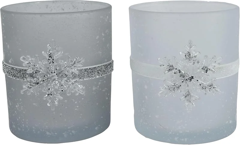Kaemingk Portavelas de cristal de 10 cm, 1 unidad, surtidos, con copo de nieve en la cinta, portavelas, para velas de té, decoración de mesa de Navidad, decoración de invierno — Adviento y mesa