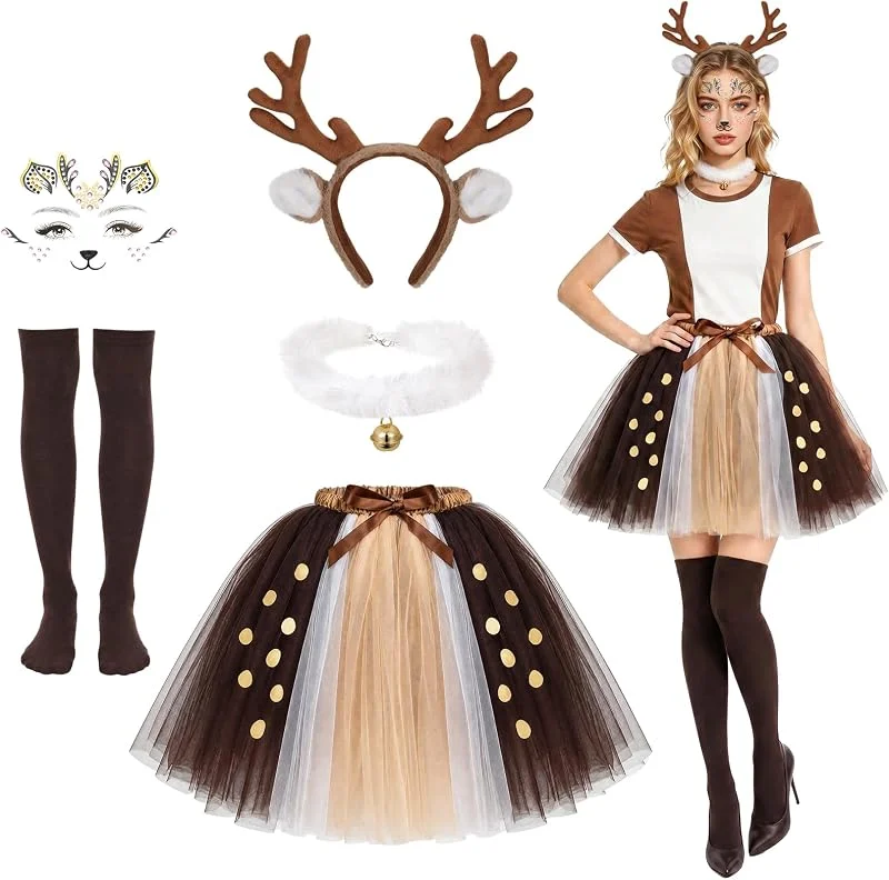 Beipegin 5 PCS Disfraz Reno Mujer, Diadema Reno con Cuernos de Ciervo Tatuajes Faciales Collar Falda Tutú Marron Calcetines, Disfraz Navidad Mujer Disfraces Halloween Navidad Carnaval Fiesta Animal Cosplay — Ropa Navidad
