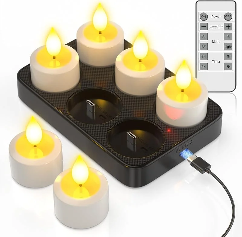 Visita la tienda de SoulBay SoulBay Velas LED Recargables, 6 piezas Velas de Té LED Efecto llama Recargables USB Eléctricas con Control Remoto y Estación de Carga para Decoración de Halloween, Navidad, Fiestas, Hogar — Cena a la luz de velas