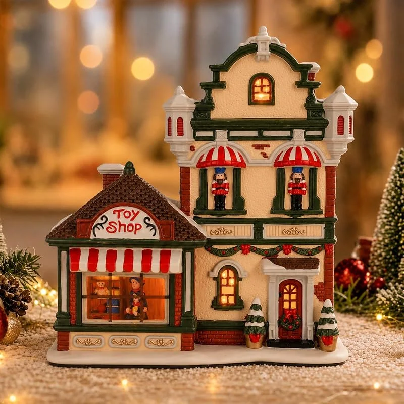 MUMTOP Casa de pueblo de Navidad de cerámica, 8.26 pulgadas, luces LED cálidas, tienda de juguetes animada, edificio iluminado para decoración de mesa de Navidad — Decoracion Navidad
