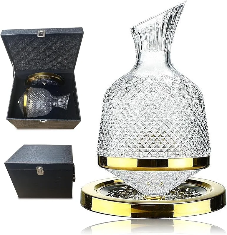 YEKUYEKU Decantador de vino giratorio, lujoso decantador de vino tinto con caja de regalo, decantador de cristal, rotación manual, decantador giratorio de cristal giratorio de 360° para regalo de boda — Vino y mesa festiva